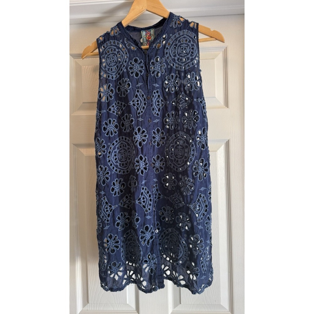 Johnny Was Dress Women XS Navy Blue Eyelet Embroidered Button Front Sleeveless